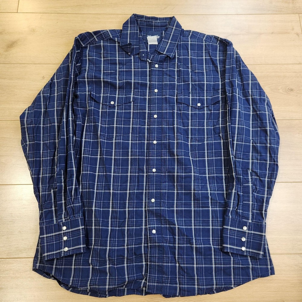 Wrangler Western Shirt Mens XXL Blue Plaid Pearl Snap Long Sleeve Cowboy Casual